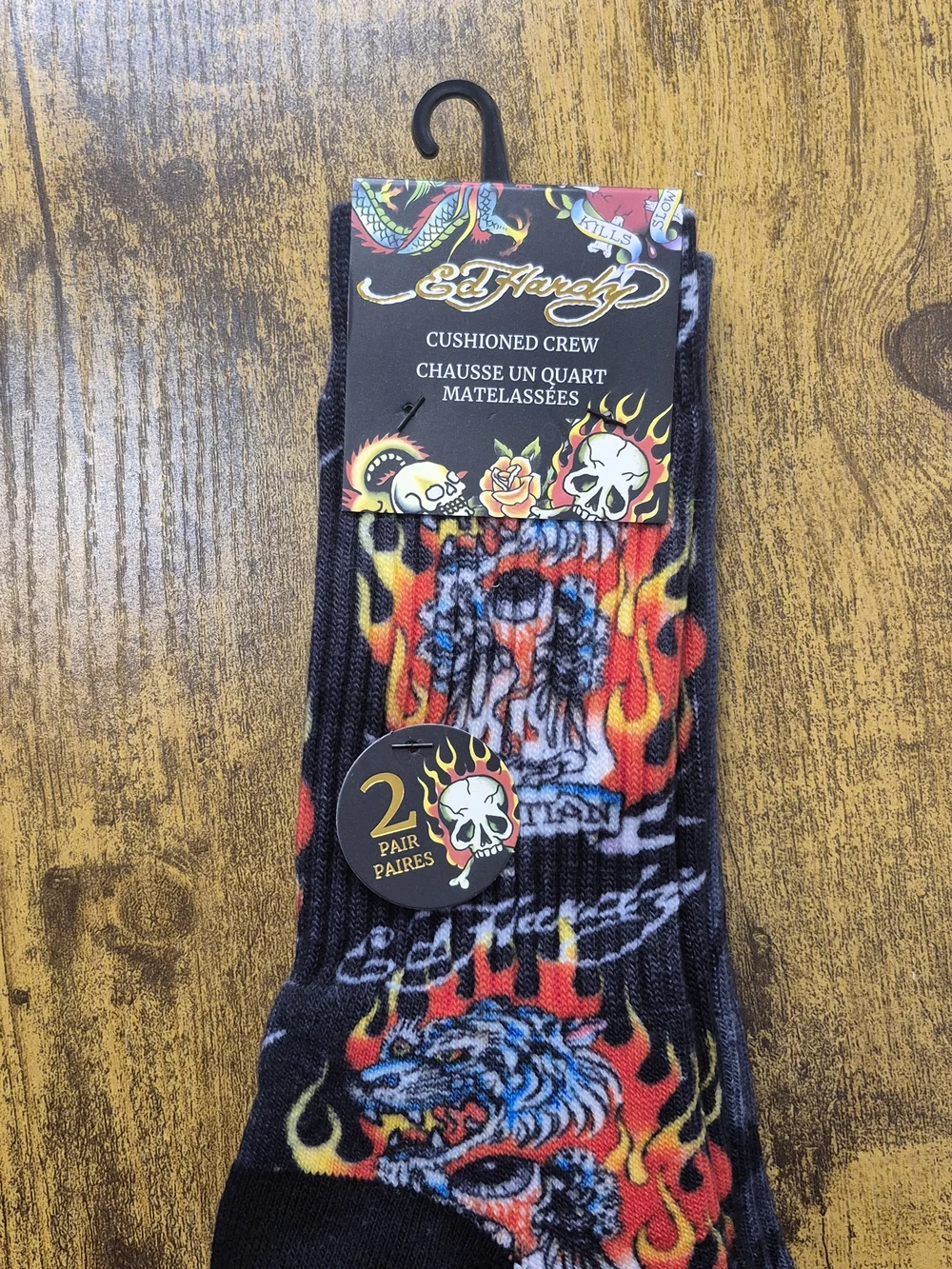 Ed Hardy Men’s Cushioned Crew Socks Tiger Flame 2-Pair Pack NWT